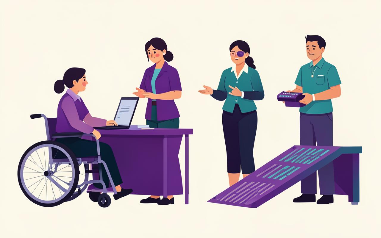 Illustration of professionals with disabilities working with accessible desks, sign language and a braille display